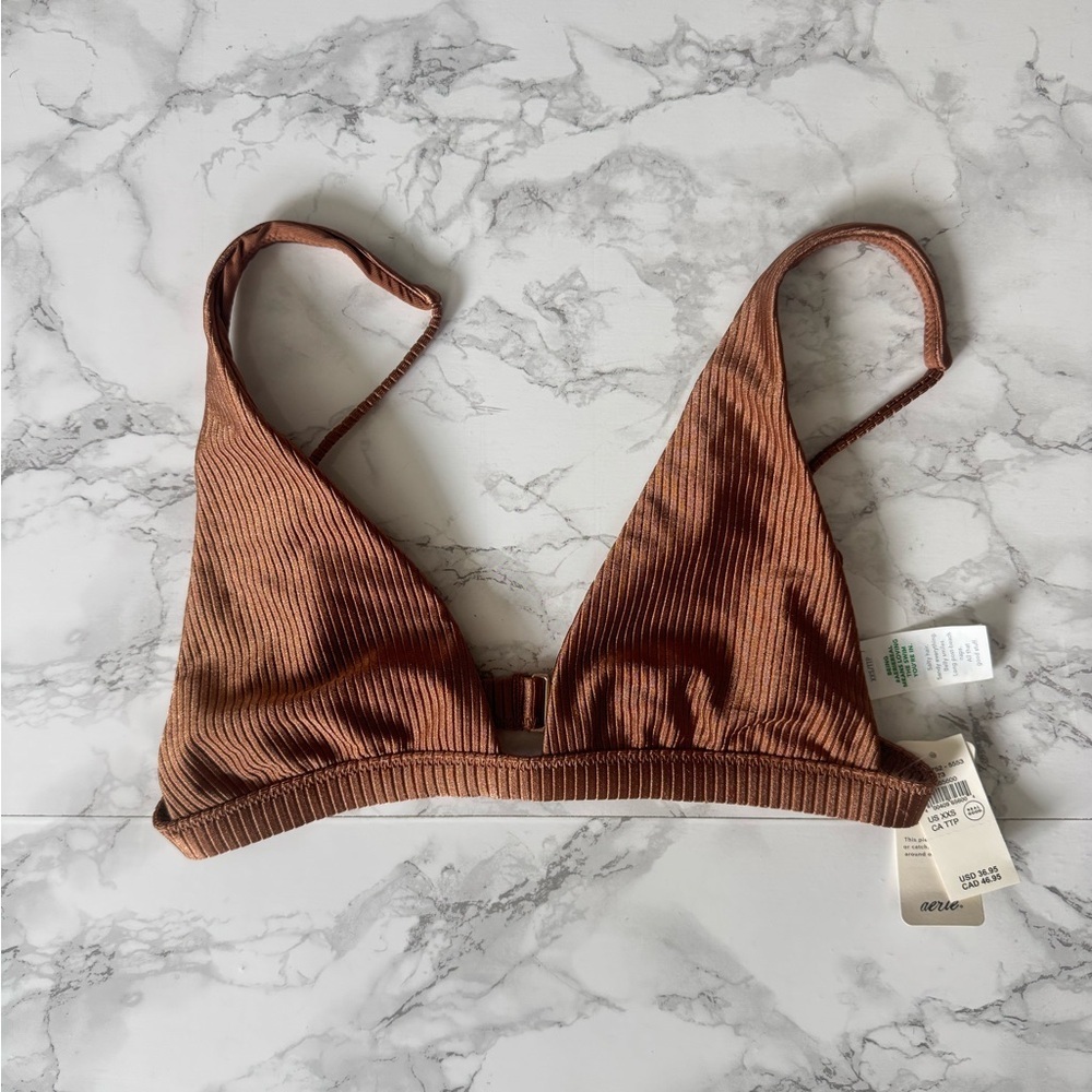 Aerie Rib Plunge V-Neck Plunge Bralette Bikini Top Horizons Shine Brown XXS NWT - Picture 4 of 5